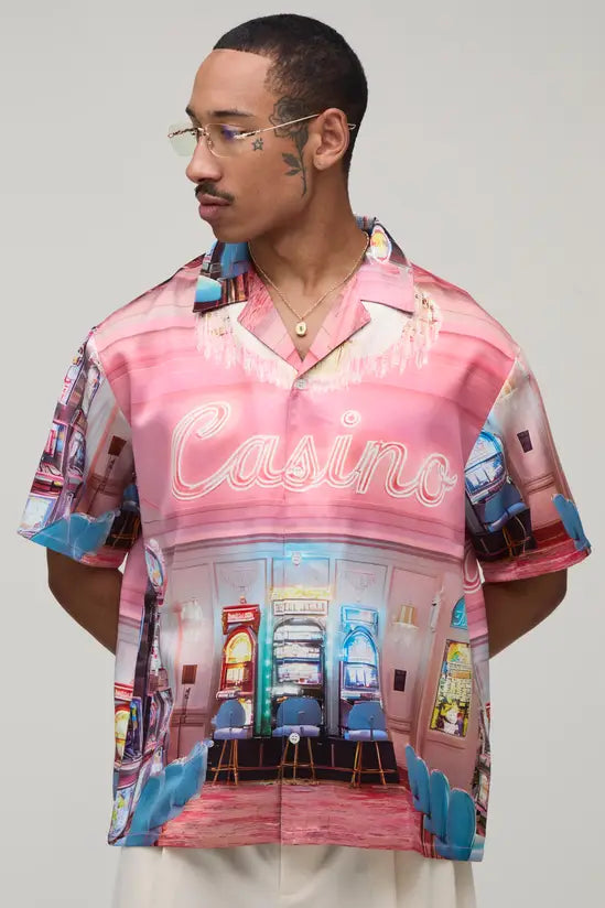 Oversized Half Sleeve Casino Print Shirt